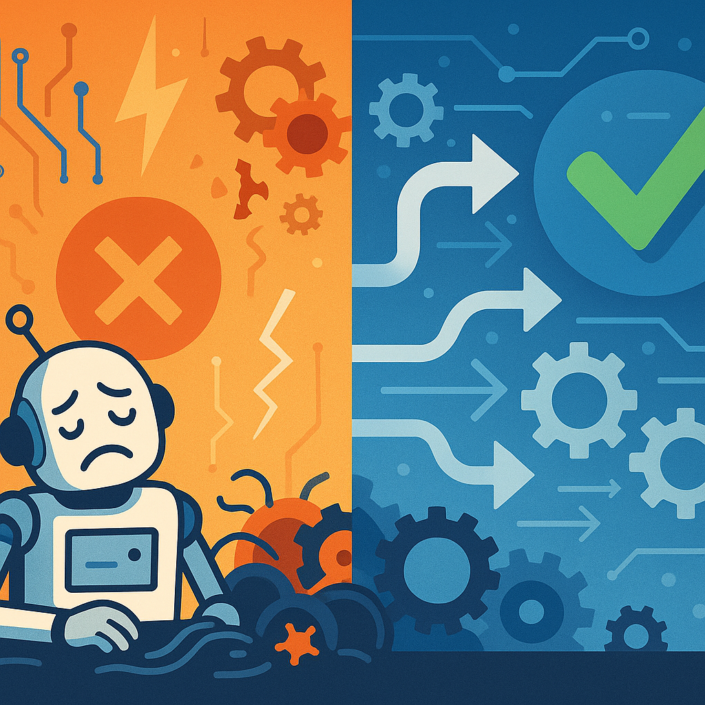 Illustration showing failed AI projects contrasted with efficient automated workflows