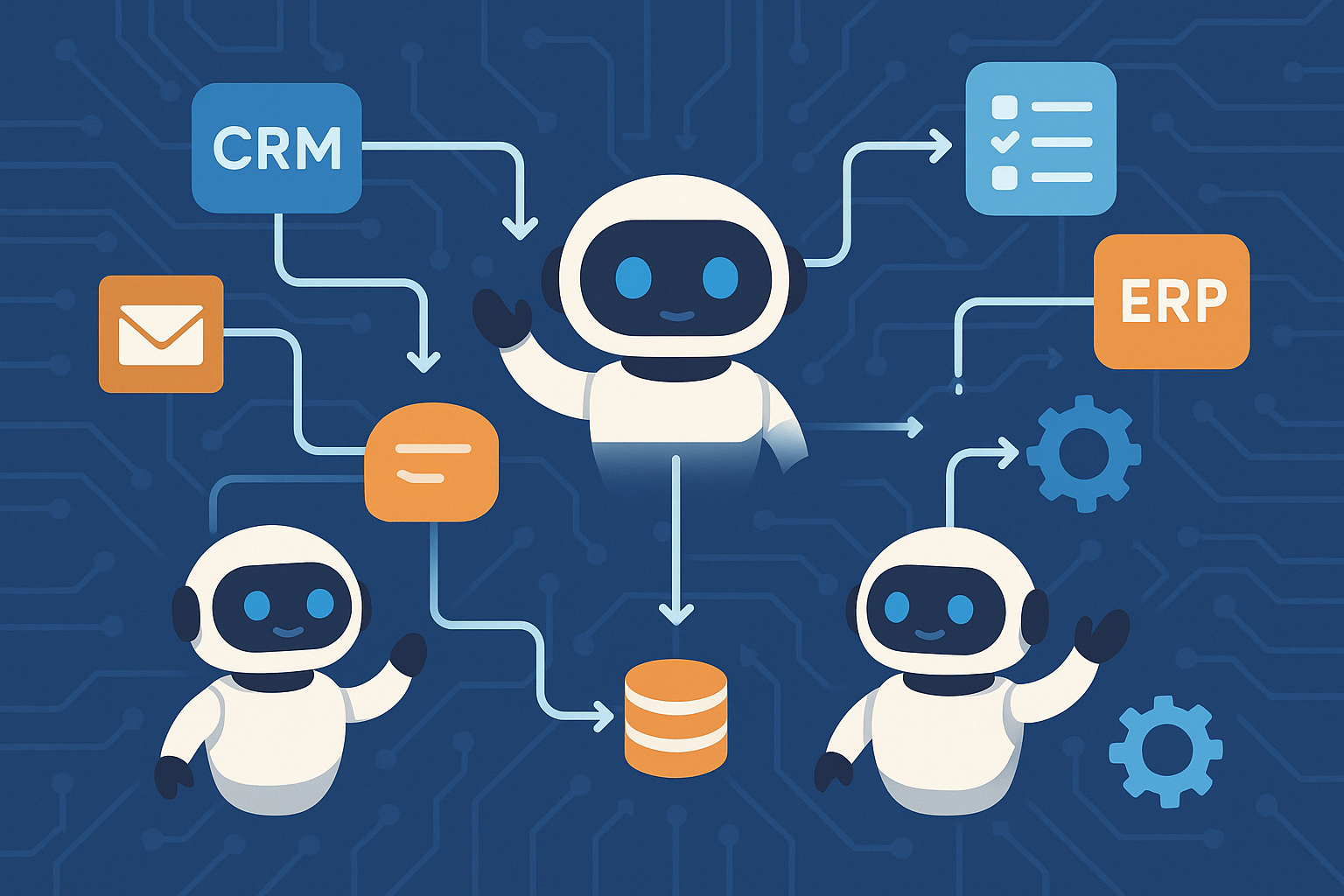 Illustration of AI agents coordinating enterprise workflows across multiple systems